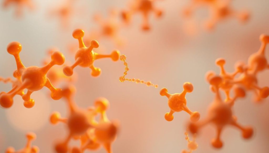 A detailed microscopic view of peptides derived from the thymus gland, glowing with a warm, golden hue under soft, diffused lighting. The peptides are captured in a crisp, high-resolution image, showcasing their intricate molecular structures and vibrant colors. The scene has a serene, almost ethereal quality, conveying the subtle power and efficacy of these essential biological compounds. The overall composition is balanced and visually captivating, drawing the viewer's attention to the complex and fascinating nature of these vital components of the immune system.
