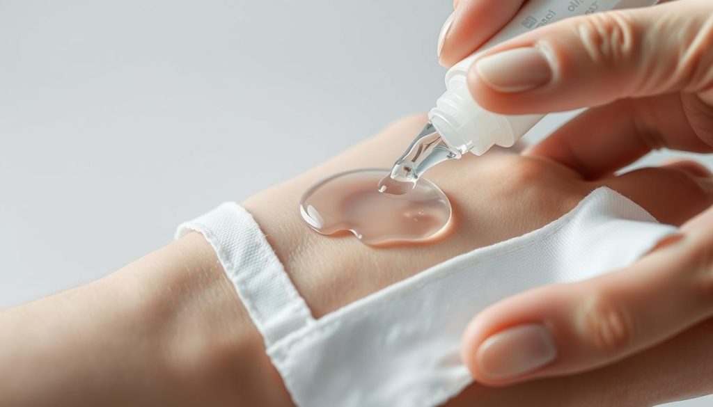 A well-lit close-up scene of a hand gently cleansing a partially bandaged wound with a clear, viscous wound care solution. The wound appears clean and moist, with the surrounding skin healthy and intact. Soft, diffuse lighting illuminates the scene, highlighting the texture and translucency of the hydrogel. The composition is centered on the hand and wound, with a clean, minimal background that allows the focus to remain on the careful, delicate process of wound care. The mood is one of calm, attentive care, conveying the benefits of using modern wound solutions to promote optimal healing.