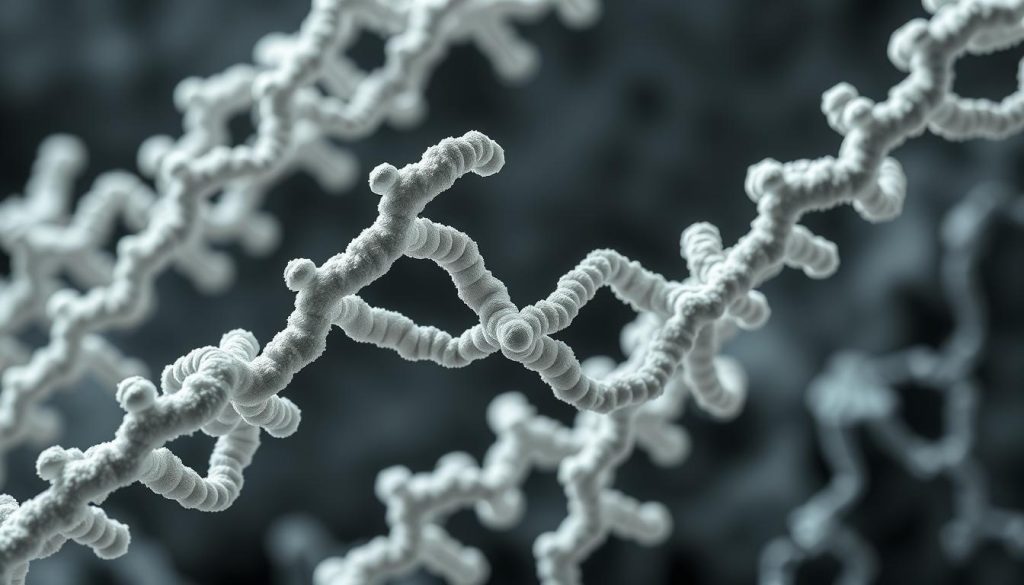 Detailed molecular structure of collagen, the primary structural protein in the extracellular matrix of connective tissues. Crisp, high-resolution image showcasing the intricate helical arrangement of polypeptide chains, with well-defined triple-helix motifs and surrounding glycine, proline, and hydroxyproline amino acids. Illuminated by soft, diffused lighting from multiple angles to highlight the depth and complexity of the collagen network. Rendered in a clean, scientific style with a muted color palette to emphasize the technical nature of the subject matter. Detailed molecular structure of collagen, the primary structural protein in the extracellular matrix of connective tissues. Crisp, high-resolution image showcasing the intricate helical arrangement of polypeptide chains, with well-defined triple-helix motifs and surrounding glycine, proline, and hydroxyproline amino acids. Illuminated by soft, diffused lighting from multiple angles to highlight the depth and complexity of the collagen network. Rendered in a clean, scientific style with a muted color palette to emphasize the technical nature of the subject matter.