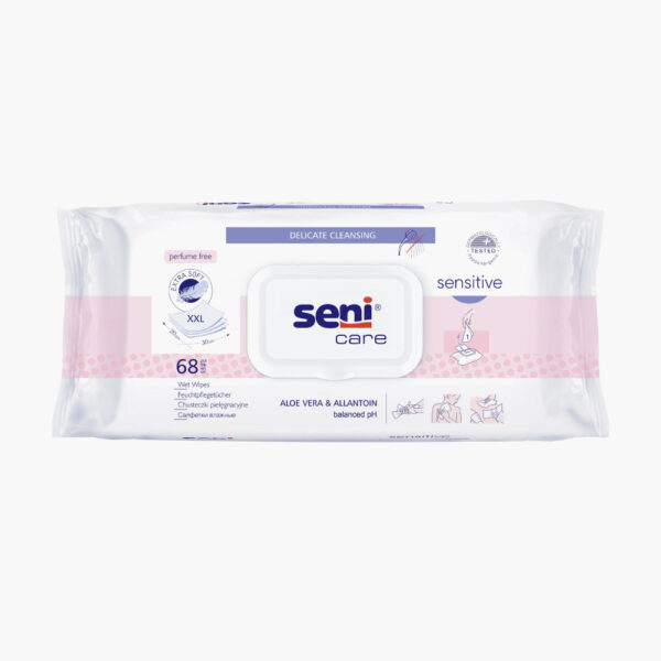 SENI Care Chusteczki nasączane Sensitive, biodegradowalne, wegańskie – 68 szt.